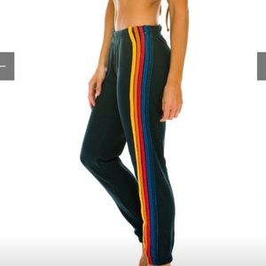 Aviator Nation women’s 5 stripe sweatpants in charcoal with rainbow stripe